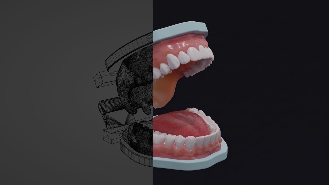Split comparison of wireframe mesh and final hyperrealistic render, open mouth