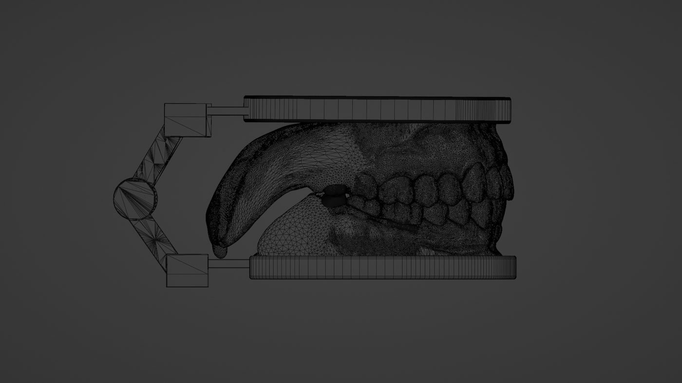 CAD mesh, side view, showing the full hinge assembly