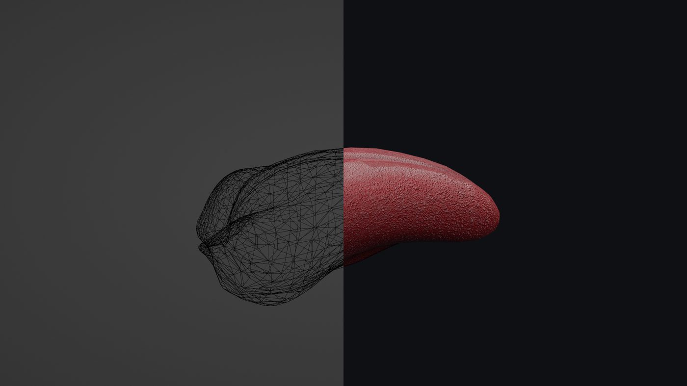 Split comparison of tongue tip mesh and final render