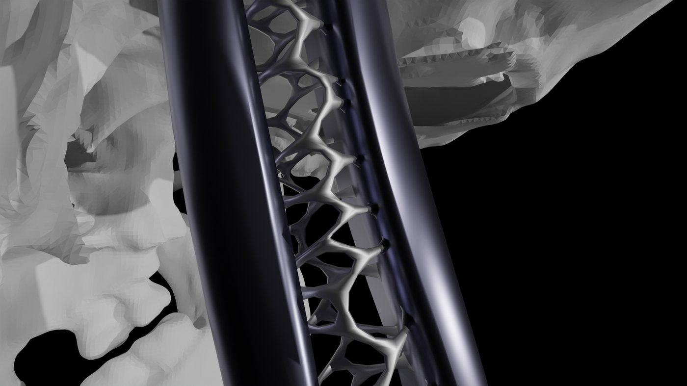 Macro close-up of the internal lattice structure inside the implant stem